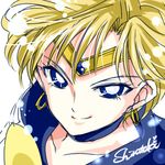  bishoujo_senshi_sailor_moon blonde_hair blue_choker blue_eyes blue_sailor_collar choker close-up closed_mouth earrings face jewelry looking_at_viewer lowres magical_girl sailor_collar sailor_senshi_uniform sailor_uranus shirataki_kaiseki short_hair signature smile solo ten'ou_haruka tiara very_short_hair white_background 