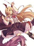  :d blonde_hair boots collared_shirt fang frilled_skirt frills granblue_fantasy head_wings long_hair open_mouth petticoat pointy_ears red_eyes shingeki_no_bahamut shirt skirt smile solo tail thighhighs tobimura vampy zettai_ryouiki 