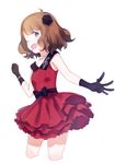  ;d black_gloves blue_eyes blush brown_hair dress flower gloves hair_flower hair_ornament idolmaster idolmaster_million_live! jewelry looking_at_viewer mimizubare necklace one_eye_closed open_mouth pearl_necklace short_hair skirt smile solo suou_momoko 