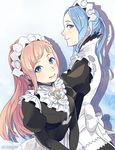  apron blue_eyes blue_hair blush felicia_(fire_emblem_if) fire_emblem fire_emblem_if flora_(fire_emblem_if) from_above long_hair looking_at_viewer maid maid_apron maid_headdress multiple_girls piano_(agneschen) pink_hair ponytail siblings sisters smile 