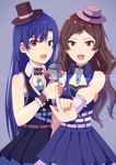  bad_id bad_pixiv_id blue_hair brown_eyes brown_hair hat idolmaster idolmaster_(classic) idolmaster_million_live! kisaragi_chihaya kitazawa_shiho long_hair microphone multiple_girls shimashima 