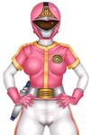  1girl animated animated_gif belt bodysuit breasts cameltoe dyna_pink female gloves hands_on_hips helmet kagaku_sentai_dynaman sakuradou simple_background solo super_sentai tachibana_rei_(kagaku_sentai_dynaman) weapon white_background 