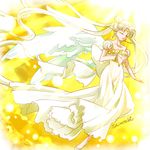  bishoujo_senshi_sailor_moon blonde_hair closed_eyes collarbone crescent double_bun dress facial_mark forehead_mark full_body hair_ornament hairpin light_particles long_hair lowres princess_serenity shirataki_kaiseki signature solo tsukino_usagi twintails white_dress wings yellow_background 