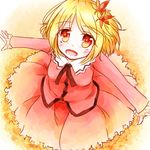  :d aki_shizuha blonde_hair jacket neko_mata open_mouth outstretched_arms red_eyes short_hair skirt smile solo spread_arms touhou 