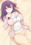  bangs bed_sheet blouse blush breasts fate/stay_night fate_(series) hair_ribbon large_breasts long_hair long_sleeves looking_at_viewer lying matou_sakura midriff navel on_back open_clothes purple_eyes purple_hair red_ribbon ribbon sabujiroko shirt skirt smile solo white_shirt 