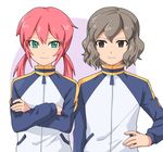  bad_id bad_pixiv_id blush brown_eyes brown_hair crossed_arms green_eyes hand_on_hip inazuma_eleven_(series) inazuma_eleven_go jacket kirino_ranmaru light_smile long_hair male_focus multiple_boys pink_hair raimon shindou_takuto simple_background t_(toddy_t) track_jacket twintails white_background 