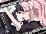  bangs black_hair celestia_ludenberck danganronpa danganronpa_1 drill_hair enoshima_junko gothic_lolita hairband highres imminent_kiss kumax5 lace lolita_fashion lolita_hairband long_hair looking_at_another multiple_girls official_style pink_hair profile red_hair sweatdrop twintails very_long_hair yuri 