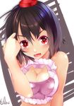  :d absurdres black_hair blush bra breast_squeeze breasts cat_lingerie cekonikova cleavage_cutout frilled_bra frills fur_trim hair_between_eyes hat highres medium_breasts meme_attire open_mouth pink_bra red_eyes red_hat shameimaru_aya short_hair simple_background smile solo teeth tokin_hat tongue touhou underwear upper_body v-shaped_eyebrows 