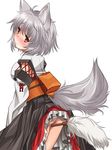  animal_ears ass between_legs blush brown_eyes duster from_behind inubashiri_momiji japanese_clothes kei_kei leaning_forward looking_back panties short_hair silver_hair solo tail touhou underwear white_background white_panties wolf_ears wolf_tail 