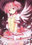  bow_(weapon) bubble_skirt choker commentary gloves kaname_madoka kneehighs looking_at_viewer magical_girl mahou_shoujo_madoka_magica pink_eyes pink_hair short_twintails skirt solo twintails vebonbon weapon white_gloves white_legwear wings 