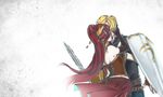  1girl absurdres blonde_hair breasts crocea_mors_(rwby) death_flag elbow_gloves gloves hetero highres jaune_arc joker_(joker_sin) kiss long_hair medium_breasts milo_and_akouo ponytail pyrrha_nikos red_hair rwby shield short_hair sword weapon 