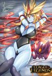  alternate_costume blonde_hair blue_skin blush breasts brown_eyes erect_nipples gradient_hair kindred lamb_(league_of_legends) large_breasts league_of_legends long_hair lying mask_removed multicolored_hair on_back personification red_hair shadowfire_kindred smile solo torahimemax two-tone_hair very_long_hair wolf_(league_of_legends) 