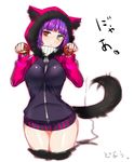  animal_hood blush breasts doyouwantto fingerless_gloves gloves green_eyes heterochromia hood hooded_jacket hoodie jacket large_breasts looking_at_viewer original paw_pose purple_hair red_eyes red_gloves short_hair simple_background solo tail white_background zipper 
