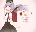  2015 apple backpack bad_id bad_pixiv_id bag character_name dated food fruit happy_birthday idolmaster idolmaster_(classic) long_hair purple_eyes randoseru shijou_takane shimashima silver_hair solo suspenders 