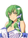  blush bnc_(bunshi) breasts cleavage covered_nipples detached_sleeves frog_hair_ornament green_hair hair_ornament hair_tubes highres kochiya_sanae large_breasts long_hair no_pupils simple_background smile snake_hair_ornament solo touhou upper_body white_background yellow_eyes 