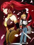  absurdres bad_id bad_pixiv_id blonde_hair breasts crocea_mors_(rwby) elbow_gloves forehead_protector gloves green_eyes highres jaune_arc kurohane long_hair medium_breasts milo_and_akouo ponytail profile pyrrha_nikos red_hair rwby shield short_hair sword tears weapon 