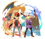  2girls aori_(splatoon) blastoise charizard cosplay crossover domino_mask gen_1_pokemon hat hotaru_(splatoon) mask multiple_girls ookido_green ookido_green_(cosplay) poke_ball poke_ball_(generic) pokemon pokemon_(creature) pokemon_(game) pokemon_rgby red_(pokemon) red_(pokemon)_(cosplay) red_(pokemon_rgby) splatoon_(series) splatoon_1 stup-jam super_soaker tentacle_hair vest yellow_eyes 