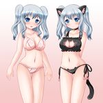  animal_ears arms_behind_head bare_shoulders bell black_bra black_panties blue_eyes blush bra breasts cat_ears cat_lingerie cat_tail choker cleavage_cutout cupless_bra dual_persona jingle_bell kantai_collection kashima_(kantai_collection) kemonomimi_mode large_breasts looking_at_viewer meme_attire multiple_girls navel open_mouth panties pink_bra pink_panties riku_(rikkuru) side-tie_panties smile tail twintails underwear 