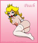  1girl areola ass ball_gag bdsm blonde_hair blue_eyes bondage bound breasts collarbone crown earrings gag jewelry nipples nude on_side princess_peach restrained s2x simple_background solo super_mario_bros. thighhighs 