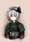  alternate_costume alternate_hairstyle armor bad_id bad_pixiv_id black_hairband blue_eyes flower hair_bun hair_flower hair_ornament hairband highres insignia japanese_armor konpaku_youmu looking_to_the_side no_pupils parted_lips short_hair shoulder_armor silver_hair simple_background sketch sode solo touhou upper_body zana 