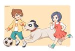  1girl bad_id bad_pixiv_id ball black_eyes blue_eyes blue_hair brown_hair dog inazuma_eleven_(series) inazuma_eleven_go matsukaze_tenma open_mouth running sasuke_(inazuma_eleven) short_hair soccer_ball sorano_aoi t_(toddy_t) telstar younger 