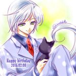  androgynous animal bishoujo_senshi_sailor_moon cat dated formal green_eyes happy_birthday long_hair looking_at_another lowres luna_(sailor_moon) necktie ponytail red_neckwear shirataki_kaiseki signature sitting suit white_hair yaten_kou 