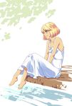  armpits bangs bare_shoulders barefoot blonde_hair bob_cut breasts character_request closed_mouth collarbone dress feet from_side full_body green_eyes kanikame knees_up legs_together light_smile looking_down metal_max outdoors parted_bangs profile river short_hair sitting small_breasts smile soaking_feet solo sundress v_arms water white_dress 