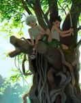  2boys brit child fishing_rod forest gon_freecss hunter_x_hunter killua_zoldyck male_focus multiple_boys nature outdoors smile tree 