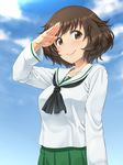  &gt;:) akiyama_yukari blush brown_eyes brown_hair girls_und_panzer looking_at_viewer ooarai_school_uniform salute school_uniform serafuku shikuta_maru short_hair smile solo v-shaped_eyebrows 