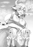  animal_ears bell bell_collar breasts cathyl collar cott cow_bell cow_ears cow_girl cow_horns detached_sleeves gigantic_breasts goat_ears goat_girl goat_horns greyscale hair_over_one_eye highres horns monochrome monster_musume_no_iru_nichijou multiple_girls open_mouth overalls siblings sisters tawn trf_honeycomb twins 