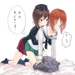  2girls arm_around_waist black_legwear black_socks blush brown_eyes brown_hair girls_und_panzer hand_on_shoulder incest kneeling minamito multiple_girls nishizumi_maho nishizumi_miho one_eye_closed pleated_skirt red_skirt school_uniform short_hair sisters skirt smile socks translation_request yuri 