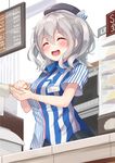  :d ^_^ black_skirt blush closed_eyes convenience_store employee_uniform grey_hair hat highres holding_hands igakusei kantai_collection kashima_(kantai_collection) lawson name_tag open_mouth out_of_frame shop short_sleeves skirt smile solo_focus store_clerk striped twintails uniform 
