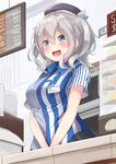  :d black_skirt blue_eyes blush convenience_store employee_uniform grey_hair hat highres igakusei kantai_collection kashima_(kantai_collection) lawson name_tag open_mouth shop short_sleeves skirt smile solo store_clerk striped twintails uniform 