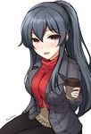  alternate_costume black_hair blush breasts casual coat coffee_cup cup disposable_cup don_(29219) hair_between_eyes kantai_collection large_breasts long_hair long_sleeves looking_at_viewer open_clothes open_coat open_mouth pants ponytail red_eyes red_scarf scarf scrunchie simple_background sitting smile solo twitter_username white_background yahagi_(kantai_collection) 