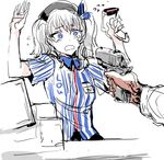 arms_up at_gunpoint barcode_scanner beret blue_eyes employee_uniform flying_sweatdrops gun handgun hat holding holding_gun holding_weapon kantai_collection kashima_(kantai_collection) lawson name_tag open_mouth osakana_(denpa_yun'yun) out_of_frame pov pov_hands scanner scared silver_hair solo_focus tears twintails uniform weapon 