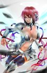  1girl angel_wings bangs boots breasts brown_eyes chains cleavage collar detached_sleeves feathered_wings female full_body grey_background highres huge_breasts ikaros knee_boots large_breasts long_hair long_sleeves navel navel_cutout parted_lips pink_hair pink_lips ribbon solo sora_no_otoshimono thighhighs twintails very_long_hair wings 