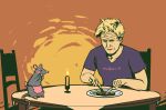  2018 5_fingers apron blonde_hair blush candle candlelight chair clothing crossover disney duo eating eyes_closed feral food fork gordon_ramsay hair hi_res human knife male mammal midori-n on_table pixar plate rat ratatouille remy rodent shirt simple_background size_difference steak table tablecloth v-neck 