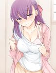  bangs blush bra breasts cleavage collarbone fate/stay_night fate_(series) hair_ribbon large_breasts long_hair long_skirt looking_at_viewer matou_sakura open_clothes pink_bra pulled_by_self purple_eyes purple_hair red_ribbon revision ribbon sabujiroko shirt shirt_pull skirt solo underwear white_shirt 