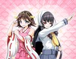  &gt;:) 2girls :3 apron bare_shoulders black_hair blush brown_hair clenched_hand clenched_hands detached_sleeves flipped_hair hair_ornament hair_ribbon hairband head_scarf headgear heart heart_background hiei_(kantai_collection) isokaze_(kantai_collection) japanese_clothes kamen_rider kantai_collection long_hair long_sleeves looking_at_viewer multiple_girls no_gloves nontraditional_miko parody pink_apron plaid pleated_skirt pose red_eyes ribbon ribbon-trimmed_sleeves ribbon_trim school_uniform serafuku short_hair skirt smile sparkle sparkling_eyes symbol-shaped_pupils tenugui tk8d32 tress_ribbon v-shaped_eyebrows 