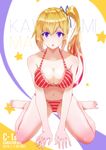  1girl 2016 :o arm arm_support artist_request bare_legs bare_shoulders barefoot bikini blonde_hair blush breasts character_name cleavage collarbone dafi dated feet female highres kawakami_mai large_breasts legs long_hair looking_at_viewer midriff mole mole_under_eye musaigen_no_phantom_world navel neck purple_eyes red_bikini red_swimsuit round_teeth shiny shiny_hair side_ponytail sitting solo star striped striped_bikini striped_swimsuit swimsuit wariza 