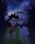  2boys brit child dark forest gon_freecss hunter_x_hunter killua_zoldyck male_focus multiple_boys nature night outdoors sky stars tree 