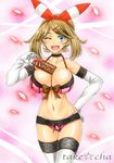  ;d ass_visible_through_thighs bare_shoulders blue_eyes bow bow_bra bow_panties box bra breasts brown_bow brown_hair cleavage collarbone covered_nipples earrings elbow_gloves gift gift_box gloves hair_ribbon hairband hand_on_hip haruka_(pokemon) holding holding_gift jewelry large_breasts lingerie looking_at_viewer marker_(medium) midriff navel one_eye_closed open_mouth panties petals pink_background pink_bow pink_bra pink_panties pokemon pokemon_(game) pokemon_oras red_ribbon ribbon round_teeth short_hair simple_background smile solo stomach stud_earrings takecha teeth thigh_gap thigh_strap thighhighs traditional_media underwear valentine white_gloves white_legwear 