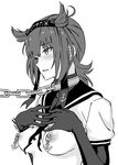  amano_ameno anchor_symbol bdsm blush breasts chain collar elbow_gloves gloves greyscale hand_on_own_chest hatsuzuki_(kantai_collection) headband kantai_collection medium_breasts monochrome nipple_piercing nipples parted_lips piercing short_hair solo torn_clothes 