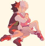  2boys brit child gon_freecss hunter_x_hunter killua_zoldyck kiss male_focus multiple_boys short_hair simple_background sitting yaoi 