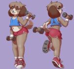  animal_crossing anthro bulge canid canine canis clothing digby_(animal_crossing) domestic_dog dumbbell exercise eyes_closed footwear fur hair half-closed_eyes legwear looking_at_viewer looking_back male mammal multiple_images navel nintendo shinsuke shirt shoes shorts simple_background sneakers socks solo standing sweat tank_top video_games weights wristband 
