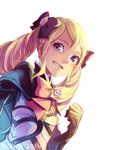  2016 artist_name black_gloves blonde_hair blue_eyes bow clenched_hand drill_hair earrings elise_(fire_emblem_if) fire_emblem fire_emblem_if flower gloves hair_bow hair_ribbon jewelry looking_at_viewer piano_(agneschen) ribbon rose smile solo twin_drills twintails white_flower white_rose 