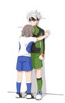  2boys bad_id bad_pixiv_id brown_hair earth_eleven gloves goalkeeper headband height_difference ibuki_munemasa inazuma_eleven_(series) inazuma_eleven_go inazuma_eleven_go_galaxy lightning_bolt male_focus multiple_boys shindou_takuto standing t_(toddy_t) white_background white_hair 