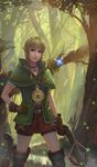  1girl blonde_hair blue_eyes bow_(weapon) compass crossbow fairy fireflies forest hood linkle looking_at_viewer nature navi necklace nintendo pointy_ears shorts_under_skirt the_legend_of_zelda thigh_boots thighhighs tree twin_braids weapon yagaminoue zelda_musou 
