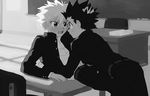  2boys brit child classroom gakuran gon_freecss hunter_x_hunter indoors jacket killua_zoldyck male_focus monochrome multiple_boys school school_uniform yaoi 