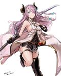  bare_shoulders blue_eyes braid breasts draph gloves granblue_fantasy hair_over_one_eye katana large_breasts lavender_hair nabeshima_tetsuhiro narmaya_(granblue_fantasy) sideboob single_thighhigh solo sword thighhighs weapon 